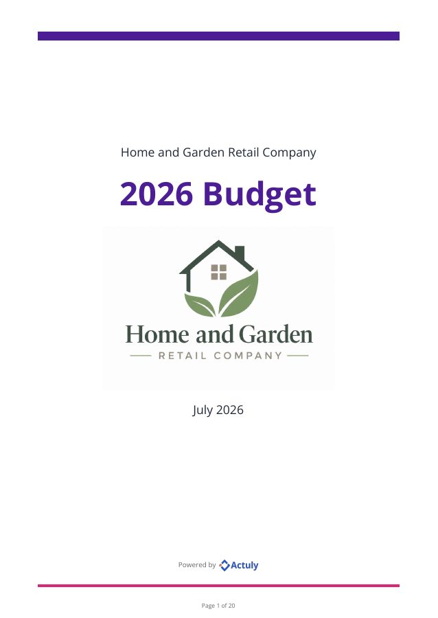 Cover page of a finished Actuly report: 2026 Budget, Home and Garden Retail Company
