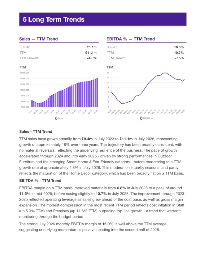 Long term trends page showing sales and EBITDA margin over time