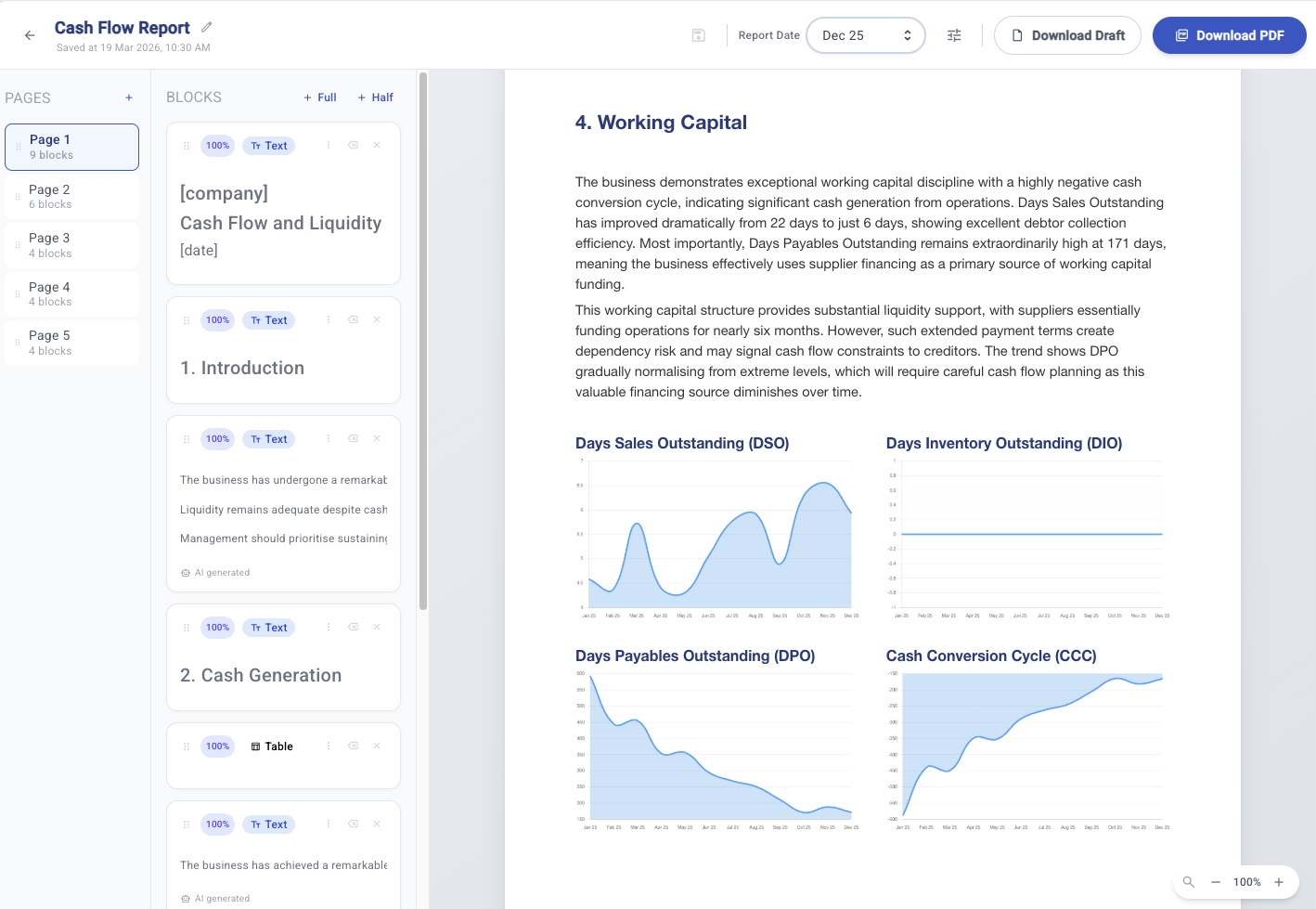 Document builder editing a cash flow report with charts and text blocks