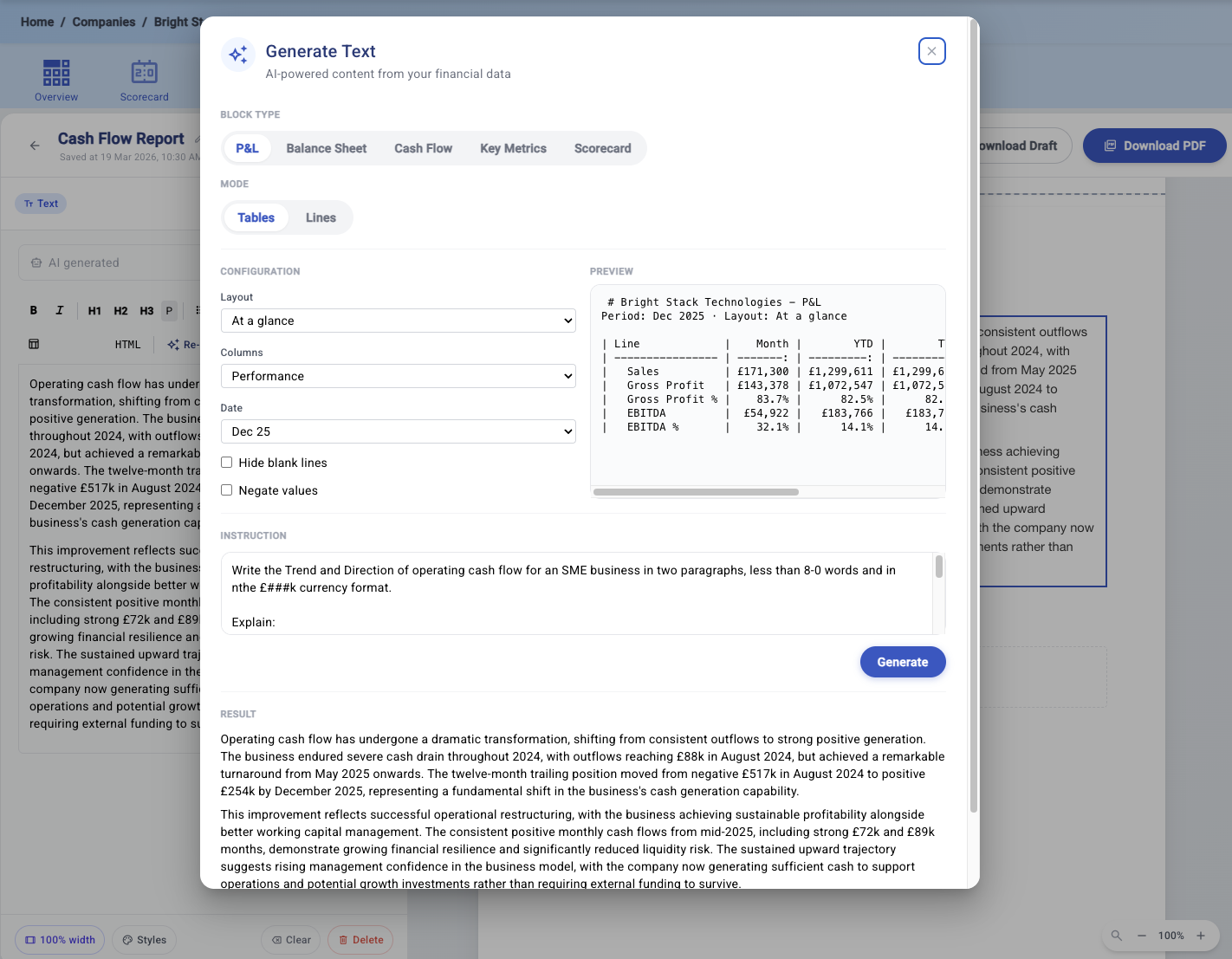 Generate Text dialog drafting AI commentary from financial data
