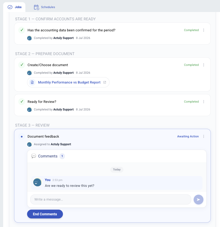 Job review stage with linked document and comment thread